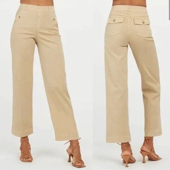 SPANX Stretch Twill Cropped Wide Leg Beige Pants Women Large High Rise Shaping - Picture 1 of 11